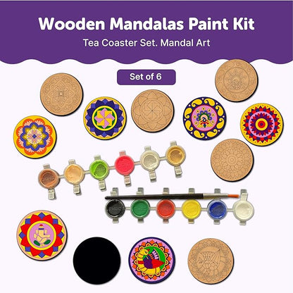 Mini Leaves Wooden Mandala Painting Kit Tea Coasters Rangoli Art and Craft Kit for Girls Boys 9-12 Years Coaster DIY Kit | Set of 6