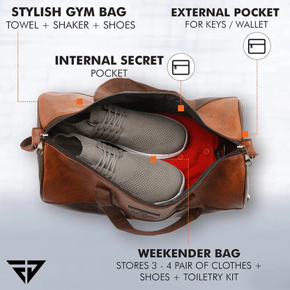 Fur Jaden Tan Leatherette Gym Bag for Men Women Boys Girls Travel Duffle Weekender Bag 23L