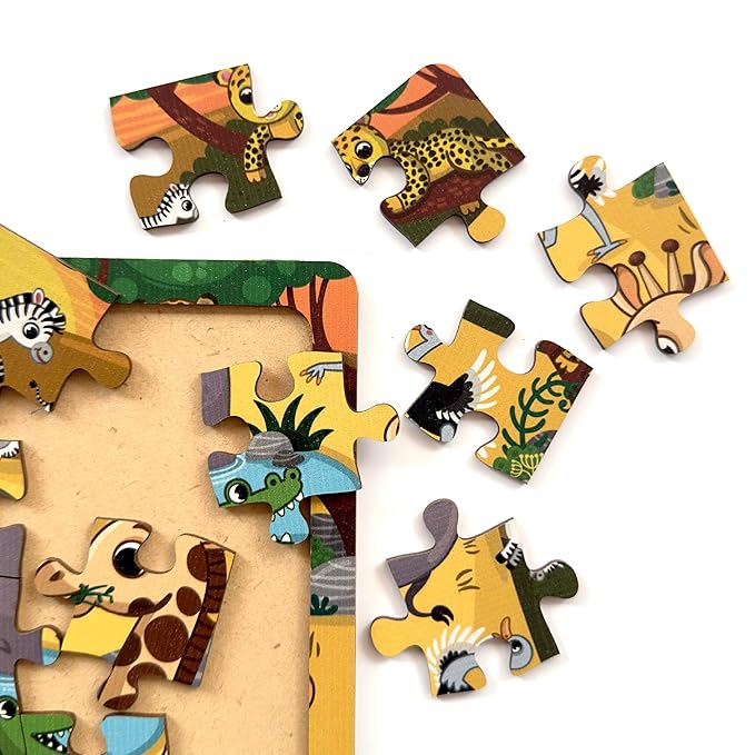 Mini Leaves 35 Piece Puzzle for Kids | Wild Animals Jigsaw Puzzle | Educational Toys for Kids 3+ Years With Wooden Tray