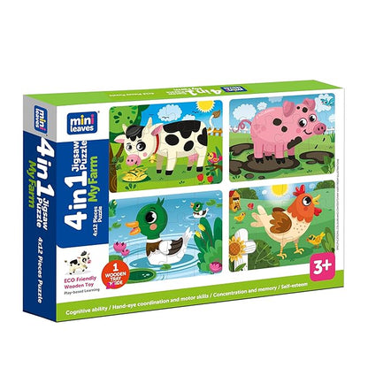 Mini Leaves 48 Piece Jigsaw Puzzle for Kids | Farm Animals | 4 in 1 Wooden Puzzles for Kids | Educational Toys for Kids