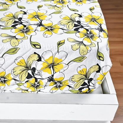 Divine Casa Floret 100% Cotton King Fitted Bedsheet 144 TC Deep Pocket Design Soft & Breathable Fabric Colour Daffodil Yellow