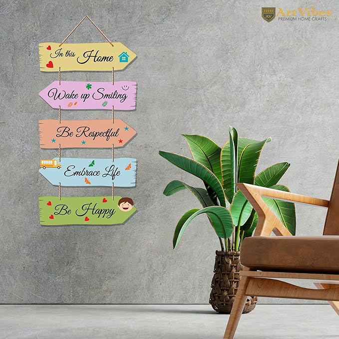 Artvibes Home Quotes Mdf Wooden Wall Hanger for Living Room | Set of 5