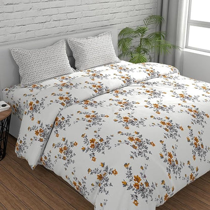Huesland by Ahmedabad Cotton 144 TC King Size Bedsheet Cotton with 2 Pillow Covers | White, Tangerine & Grey