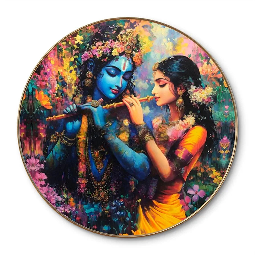Livin'luxe Paintings Radha Krishna Divine Love Wall Painting with Frame - Sparkle Glossy Round Golden Framed Large