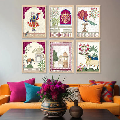 Kotart Traditional Indian Wall Art Madhubani Paintings Pichwai Art Painting set of 6 A