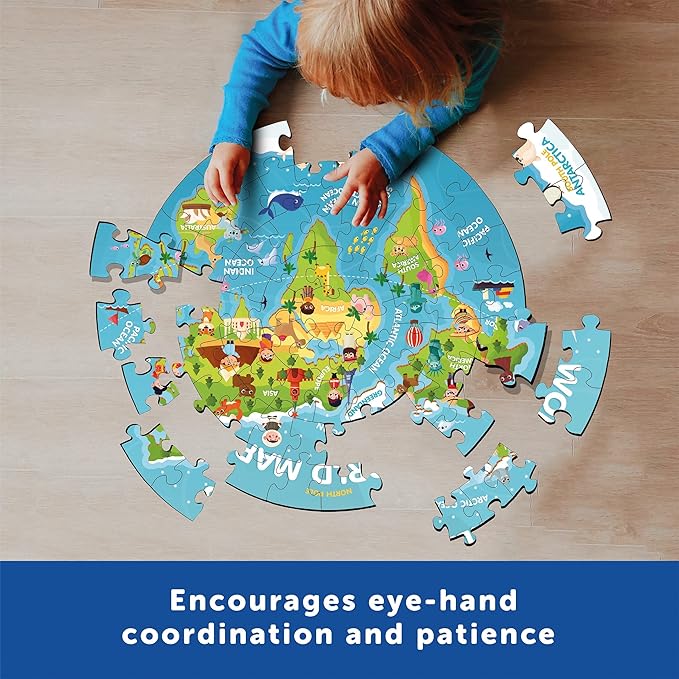 Mini Leaves 72 Piece Wooden Round Puzzle for Kids | World Map Jigsaw Puzzle | Fun & Challenging Wooden Floor Puzzle Game