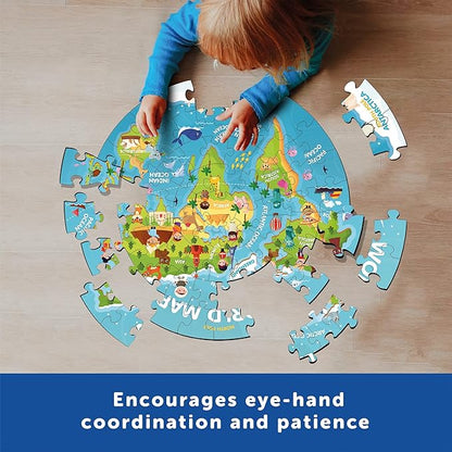 Mini Leaves 72 Piece Wooden Round Puzzle for Kids | World Map Jigsaw Puzzle | Fun & Challenging Wooden Floor Puzzle Game