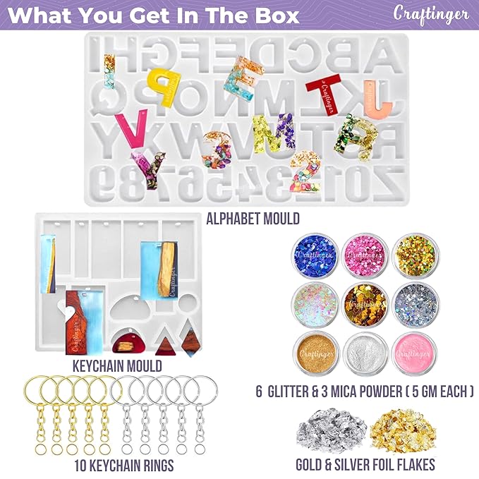 Craftinger Diy Alphabet & Keychain Making Mould Kit Set for Resin Art With Glitter, Pearl Mica Powder and More