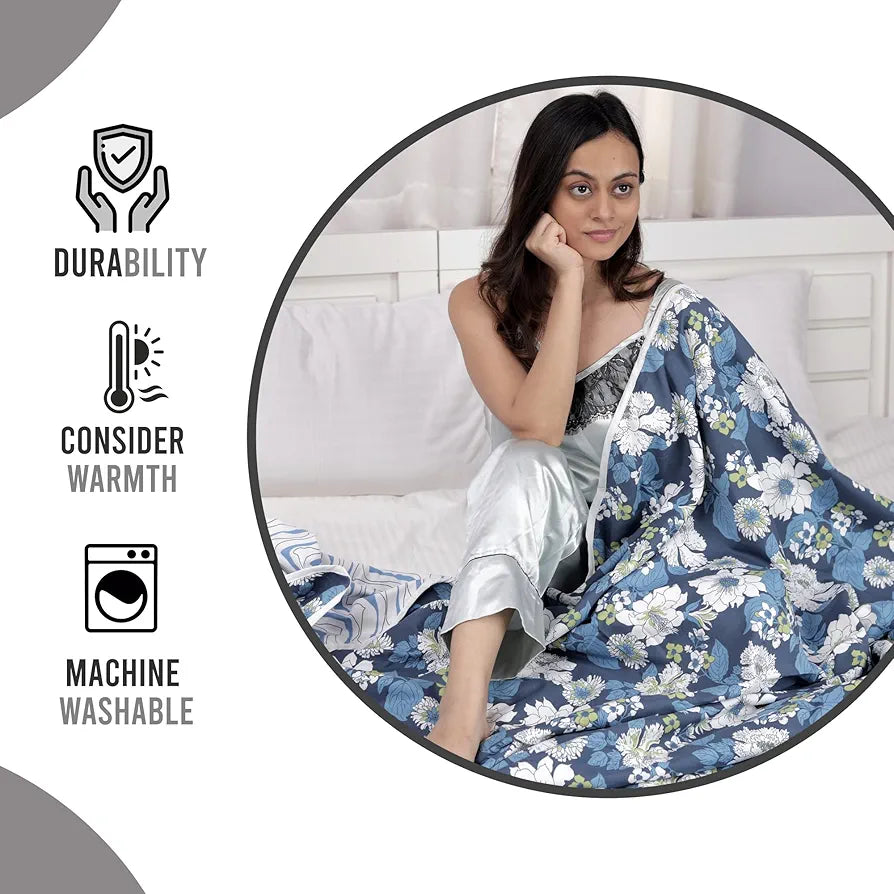 Divine Casa Microfibre All Weather Lightweight 120 GSM Printed Reversible Single Bed Size Quilt Comforter Blanket TC - 120 Colour Navy Blue and White