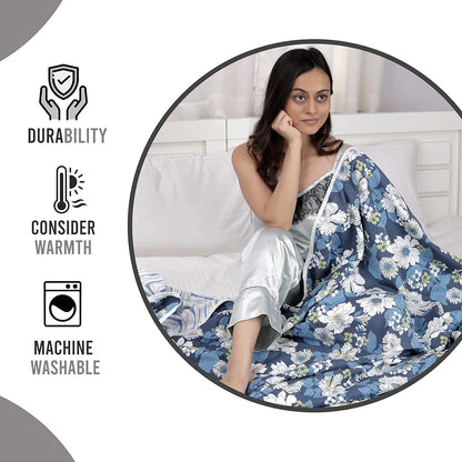 Divine Casa Microfibre All Weather Lightweight 120 GSM Printed Reversible Single Bed Size Quilt Comforter Blanket TC - 120 Colour Navy Blue and White