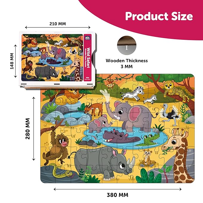 Mini Leaves 60 Pieces Wooden Floor Puzzle for Kids & Adults | Wild Safari Animals Jigsaw Floor Puzzle | Fun & Challenging