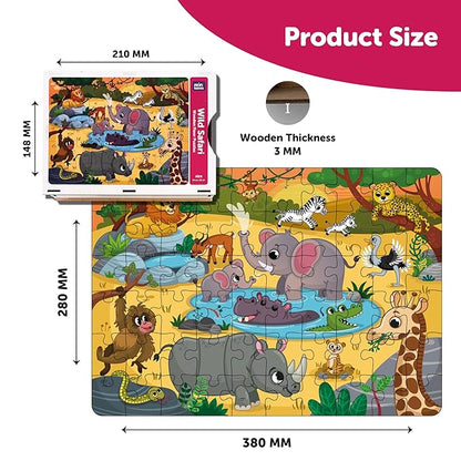 Mini Leaves 60 Pieces Wooden Floor Puzzle for Kids & Adults | Wild Safari Animals Jigsaw Floor Puzzle | Fun & Challenging