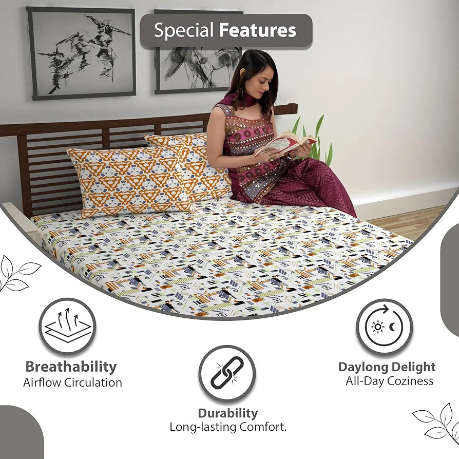 Divine Casa 144 TC Cotton Bedsheet for Single Bed with 1 Pillow Cover Colour Yellow & White