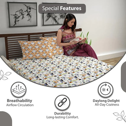 Divine Casa 144 TC Cotton Bedsheet for Single Bed with 1 Pillow Cover Colour Yellow & White