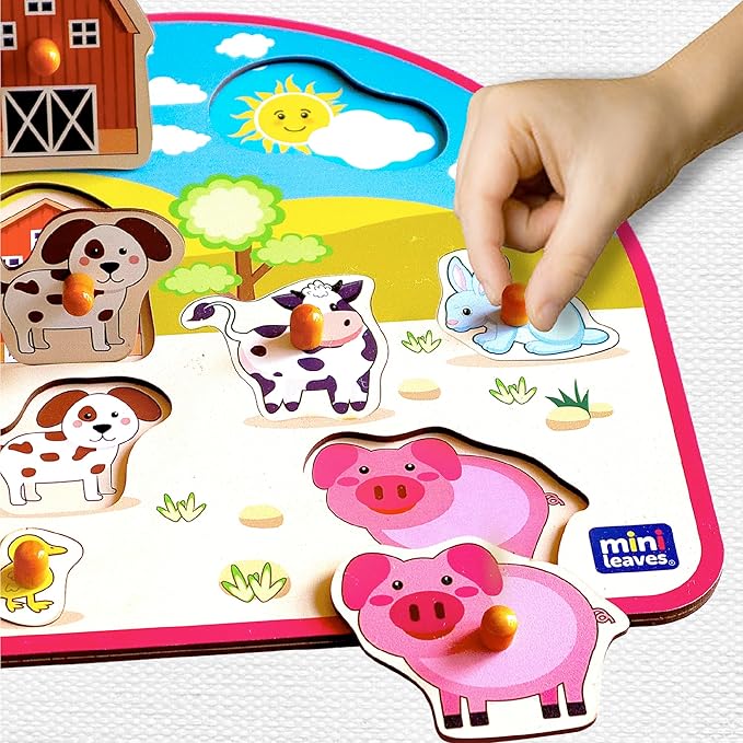 Mini Leaves Animal Barnyard Wooden Pegged Puzzle for 2+ Years Kids | Montessori Wooden Toys | Shape Sorter