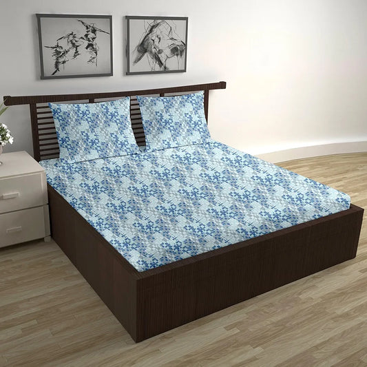 Divine Casa 144 TC Pure Cotton Double Bed Bedsheet with 2 Pillow Covers Mosaic Bloom Colour Blue Grey