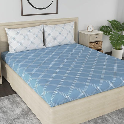 Huesland by Ahmedabad Cotton 186 TC Cotton Bedsheets for King Size Bed with 2 Pillow Covers | Blue & White