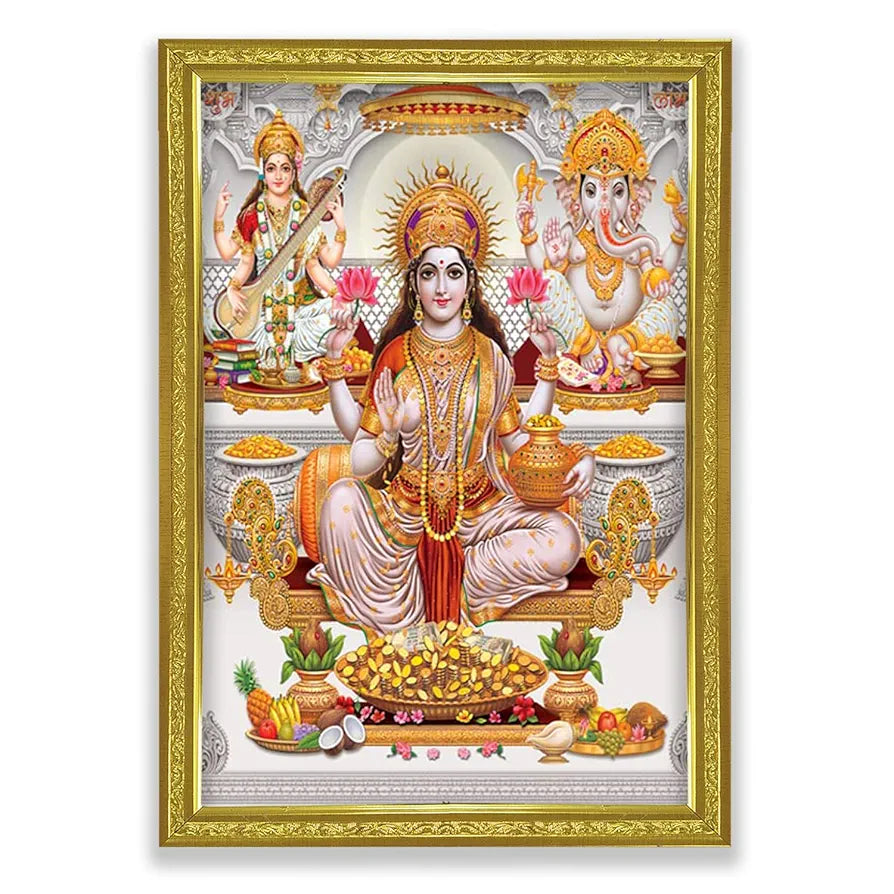 Lifehaxtore Lakshmi With Ganesha and Saraswati Photo Painting with Golden Frame for Temple - Model 2