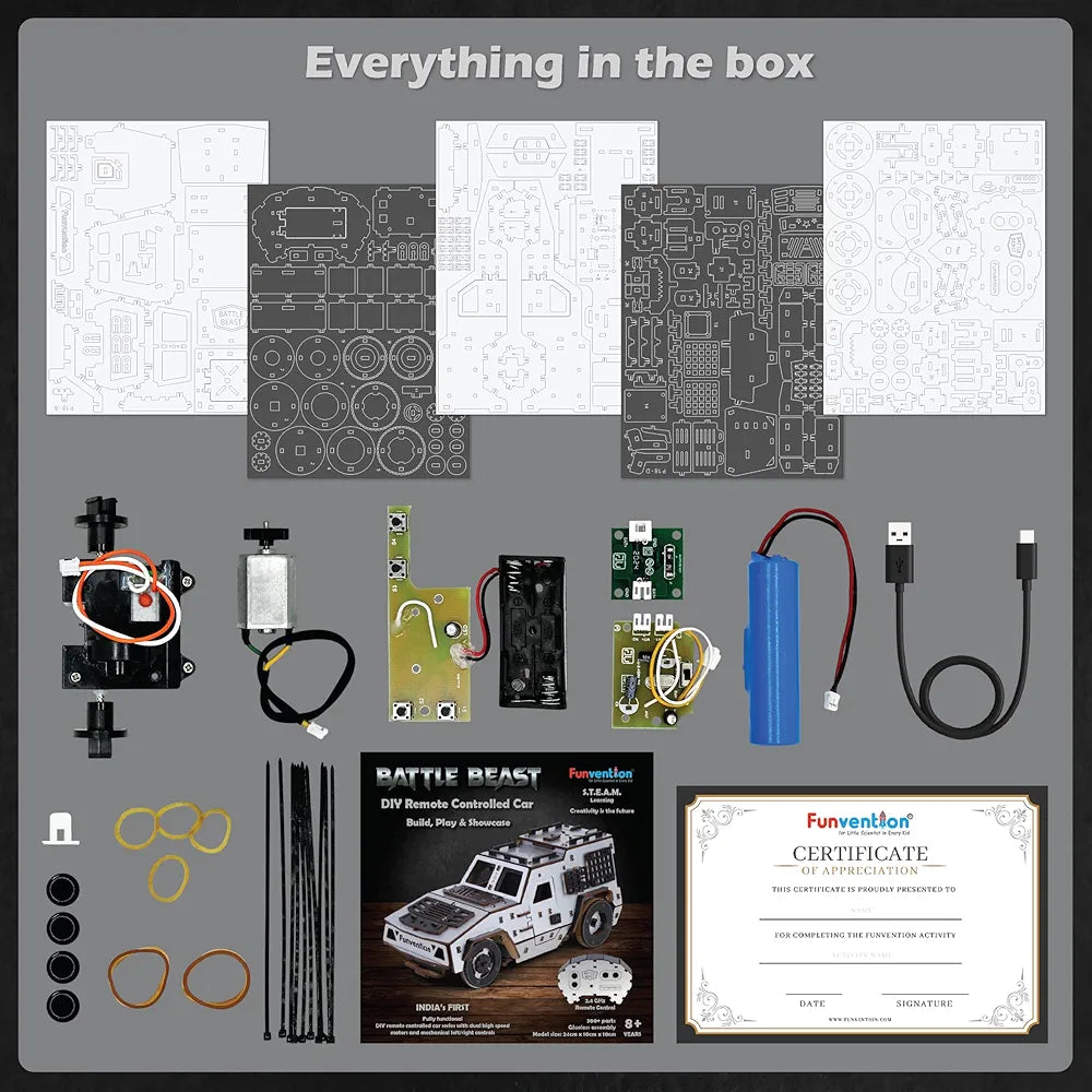 Funvention Battle Beast DIY RC Car - DIY 2.4GHz Remote Control Car Model for Kids - Build High-Speed Racing Car Type-C Charging Dual Motor Car STEM Kit Made in India