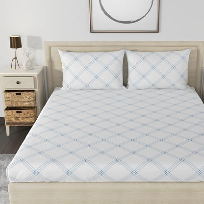 Huesland by Ahmedabad Cotton 186 TC Cotton Bedsheet for Double Bed King Size with 2 Pillow Covers | White (Blue Pattern)