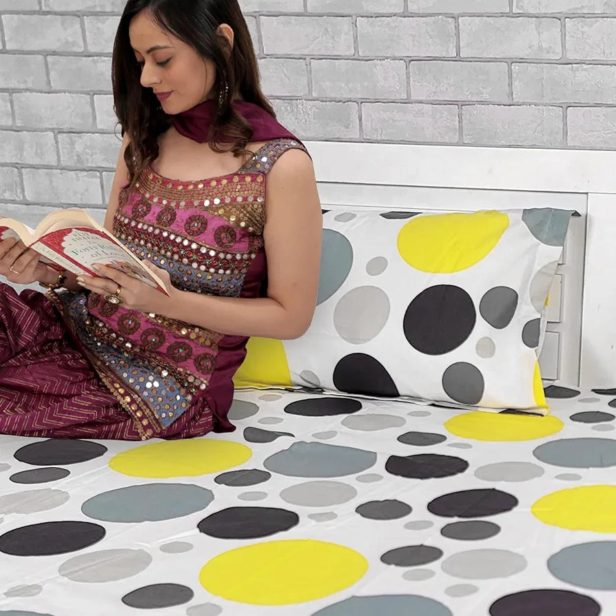 Divine Casa 144 TC 100% Cotton Single Bedsheet with 1 Pillow Cover Geometric Pattern Colour Grey & Yellow