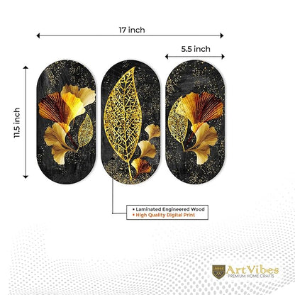 Artvibes Golden Flowers and Leaves Wooden Wall Hanger for Home | Set of 3