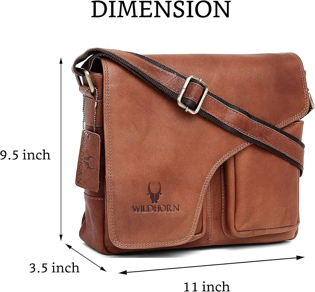 WildHorn�Leather 11 inch Laptop Messenger Bag for Men I Dedicated Laptop Compartment I Adjustable Strap I DIMENSION:L- 11 inch H-9.5 inch W- 3 inch