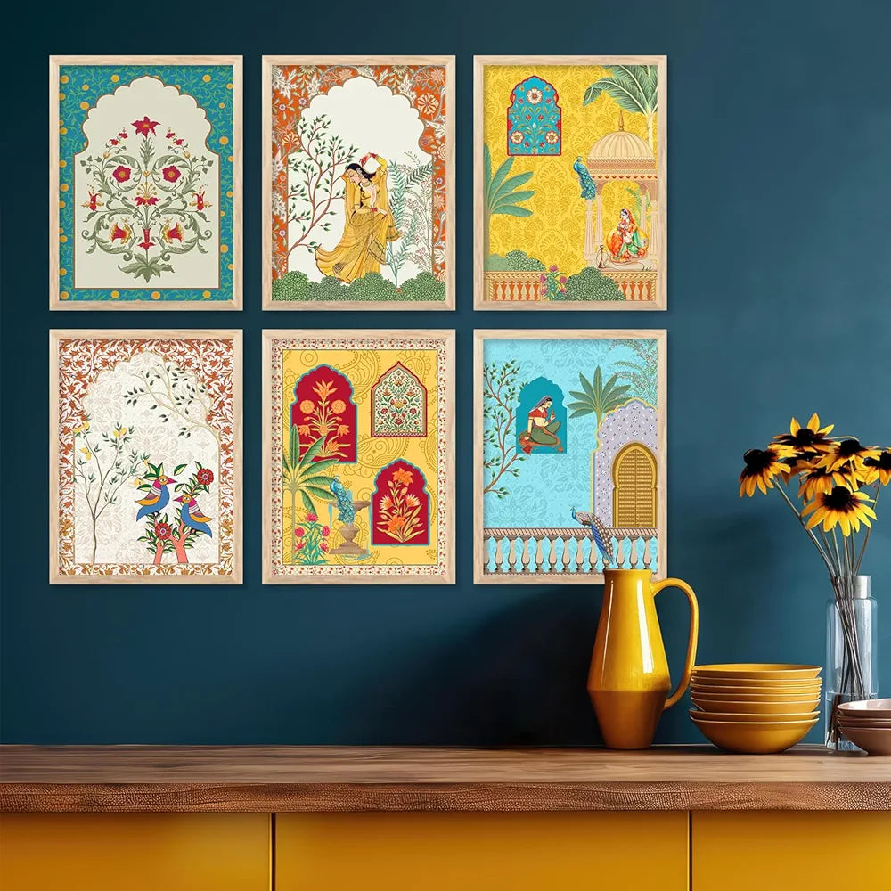 Kotart Traditional Indian Wall Art Madhubani Paintings for Living Room Pichwai Art Painting set of 6 E