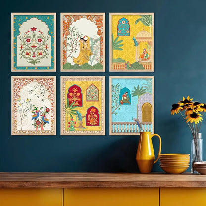 Kotart Traditional Indian Wall Art Madhubani Paintings for Living Room Pichwai Art Painting set of 6 E