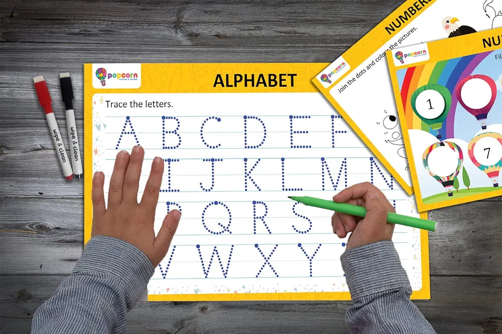 Popcorn Games & Puzzles ABC and Numbers | Reusable Activity Mats with 2 Marker Pens | Gifts & Creative Learning for Ages 3-6