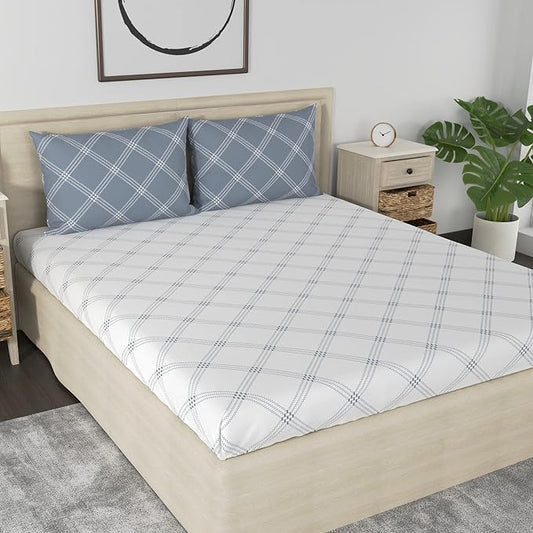 Huesland by Ahmedabad Cotton 186 TC King Size Bedsheet Cotton with 2 Pillow Covers | White & Grey