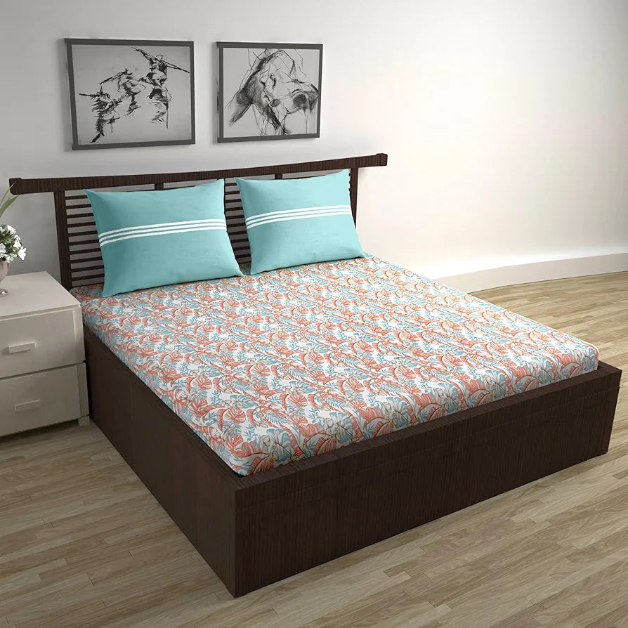Divine Casa 144 TC 100% Pure Cotton Double Bed Bedsheet with 2 Pillow Covers Tropical Floral Colour Aqua Red