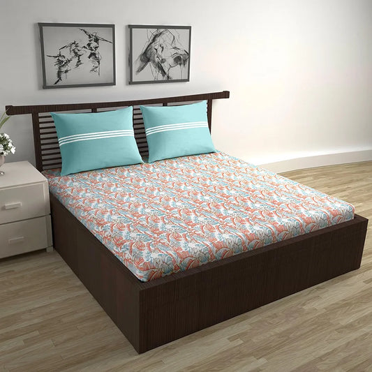 Divine Casa 144 TC 100% Pure Cotton Double Bed Bedsheet with 2 Pillow Covers Tropical Floral Colour Aqua Red