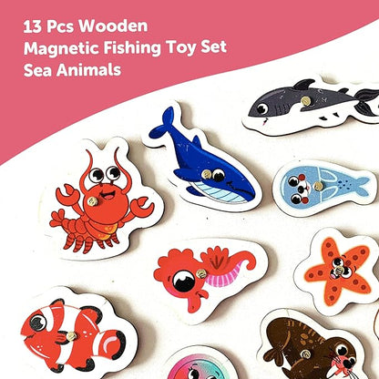 Mini Leaves Wooden Magnetic Fishing Game for Kids | Educational Fish Catching Game for Kids | 13 Pieces Square