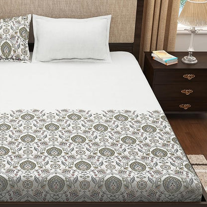 Story@Home Cotton Traditional Print King Size Bedsheet with 2 Pillow Covers Blue & Grey Colours