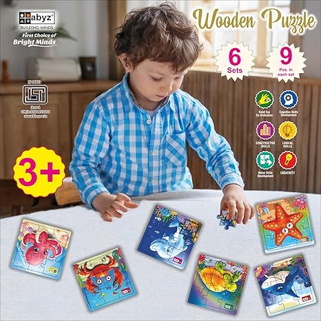 ABYZ Wooden Underwater Animal Jigsaw Games for Kids & Children Paperless Puzzle 9 Pieces (Set of 6)