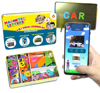 Butterfly EduFields 90+ Pcs Magnetic Alphabets for kids ages 3 4 5 years | Metal Box for Gifting | Magnetic Letters Numbers Tangram Shapes Puzzles | Best educational birthday Gift Pack for Boys &Girls