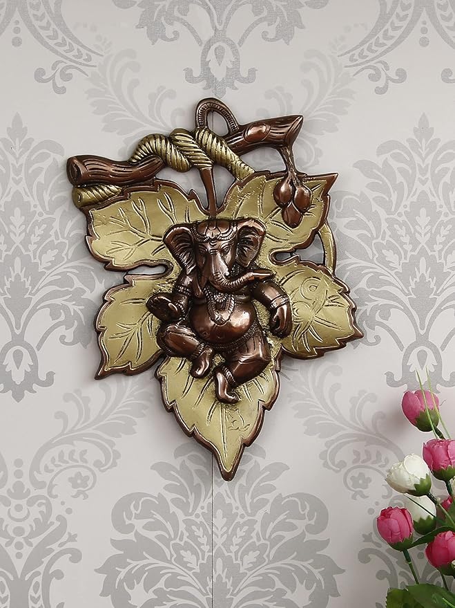 Ecraftindia Golden and Copper Finish Lord Ganesha on Creative Leaf Metal Wall Hanging | Decorative Hindu God Idol for Home