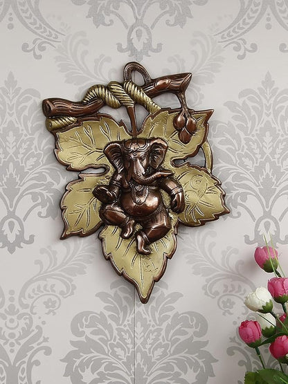 Ecraftindia Golden and Copper Finish Lord Ganesha on Creative Leaf Metal Wall Hanging | Decorative Hindu God Idol for Home