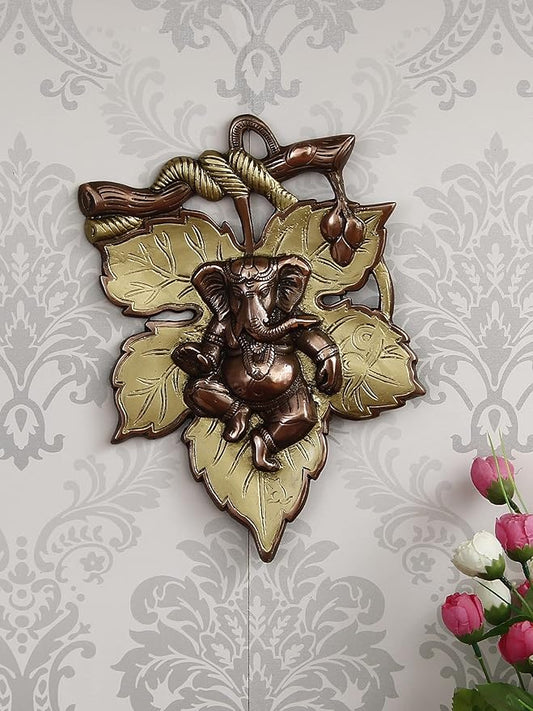 Ecraftindia Golden and Copper Finish Lord Ganesha on Creative Leaf Metal Wall Hanging | Decorative Hindu God Idol for Home