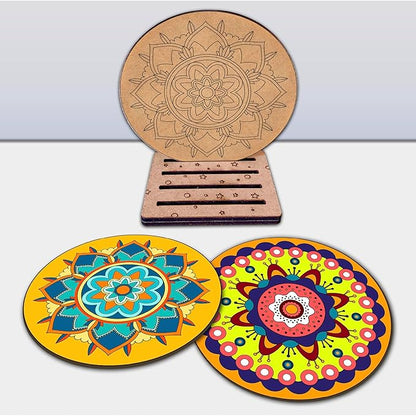 Mini Leaves Wooden Mandala Painting Art and Craft Kit With Wooden Stand- Advance Level | Tea Coaster Diy Art and Craft Kit | Set of 4