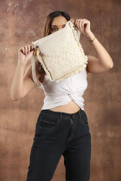 Goatter Cotton Material Embroidery Designs Medium Size Sling Bag For Women, 