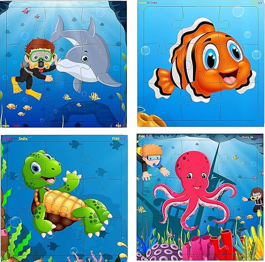 Fiddly's Wood Jigsaw Puzzles for Kids & Children | 9 Pieces | Pack of 12 | Animals+ Dinos+ Sea | Age 3+