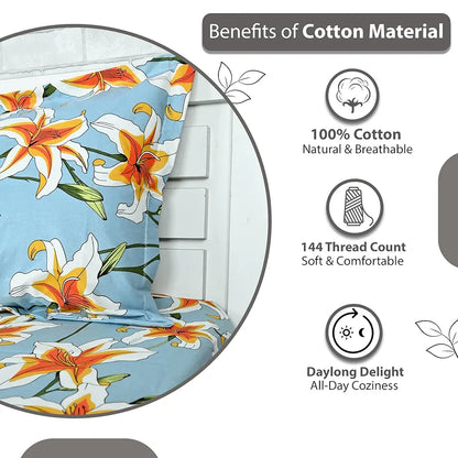 Divine Casa 100% Cotton Bedsheet for Single Bed 144 TC Bedsheet Single Size Bed Cotton with 1 Pillow Cover Colour Soft Sky Blue