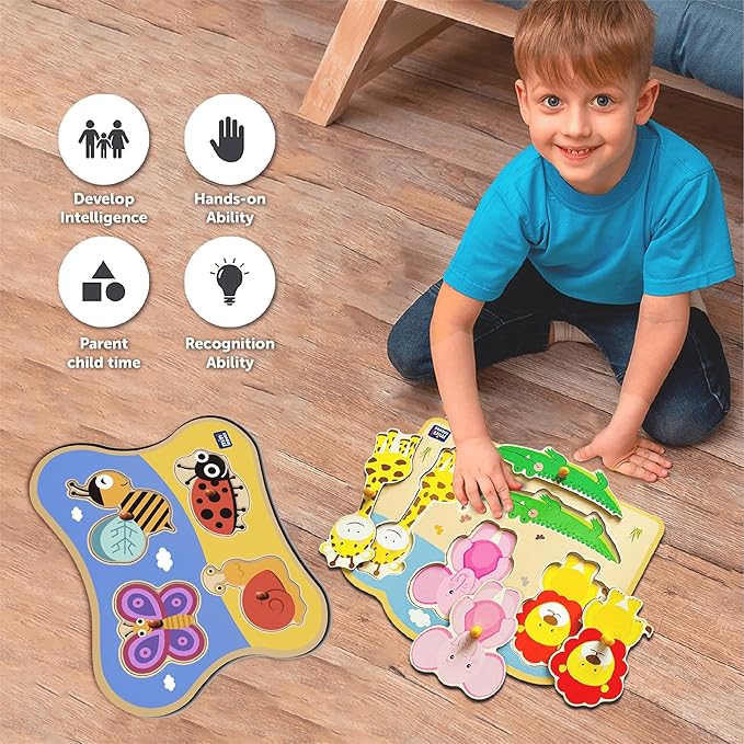 Mini Leaves Jungle Animal Friends and Insects Jumbo Knob Wooden Puzzle | Knob Puzzles for Kids for Kids | Educational Puzzle