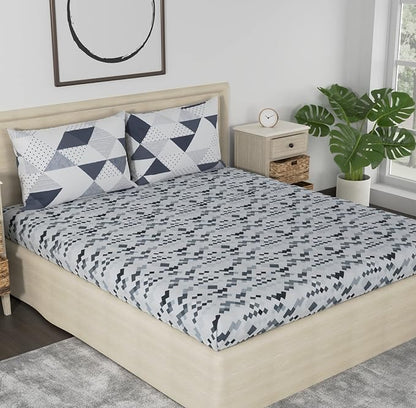 Huesland by Ahmedabad Cotton 186 TC King Size Bedsheet Cotton with 2 Pillow Covers | Grey & White