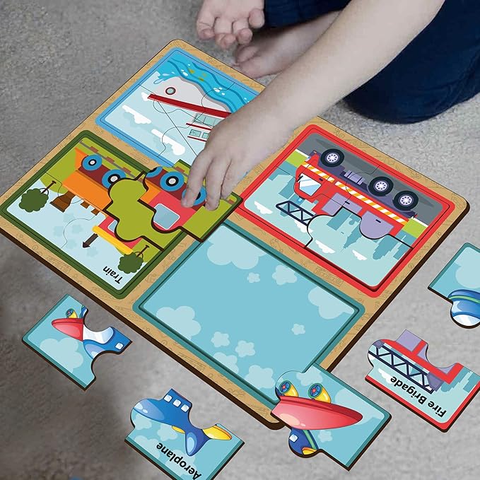 Mini Leaves Four 4 Piece Vehicle Wooden Puzzle for Kids | Set of 4 Chunky Vehicle Jigsaw Puzzle | Educational Puzzle Game