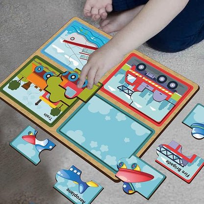 Mini Leaves Four 4 Piece Vehicle Wooden Puzzle for Kids | Set of 4 Chunky Vehicle Jigsaw Puzzle | Educational Puzzle Game
