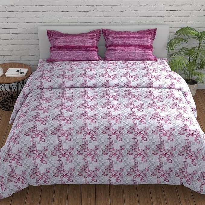 Huesland by Ahmedabad Cotton 144 TC King Size Bedsheet Cotton with 2 Pillow Covers | Grid | Burgundy, Grey & White