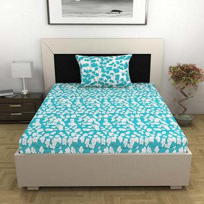 Divine Casa Bedsheet for Single Size Bed 144 TC Cotton Bedsheet for Single Size Bed with 1 Pillow Cover  Floral Colour Aqua & White